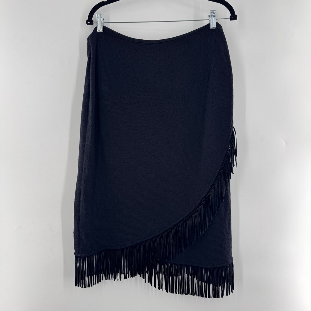 St. John Sport Fringe Knit Wrap Skirt Womens XL Black Career Cocktail Party